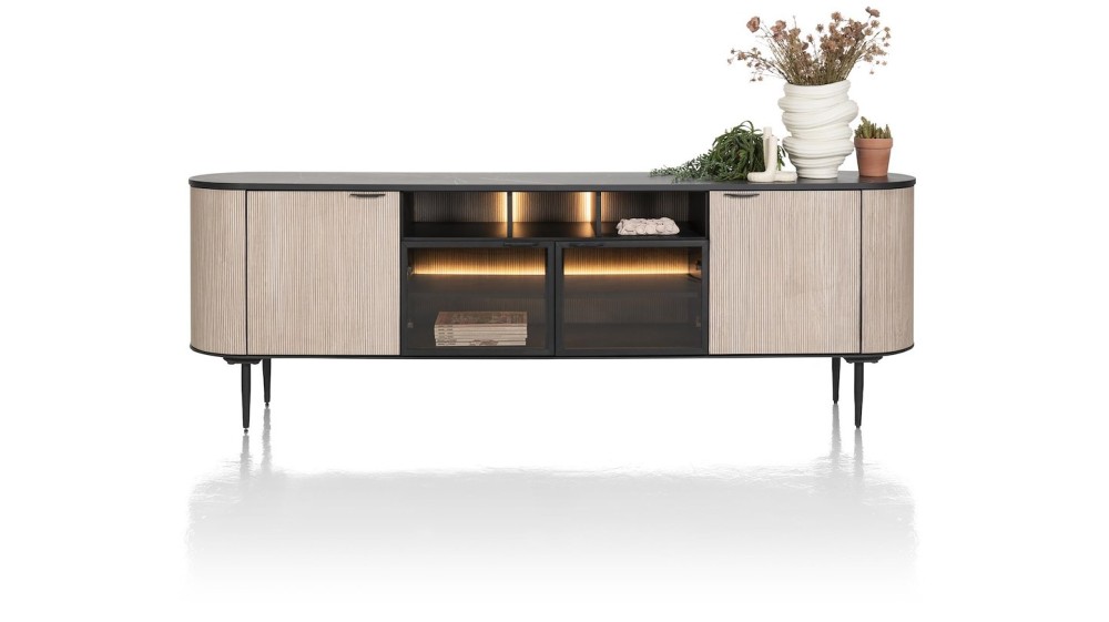 Aramon, Dressoir 240 Cm. - 2-Deuren + 2-Glasdeuren + 3-Niches (+ LED)