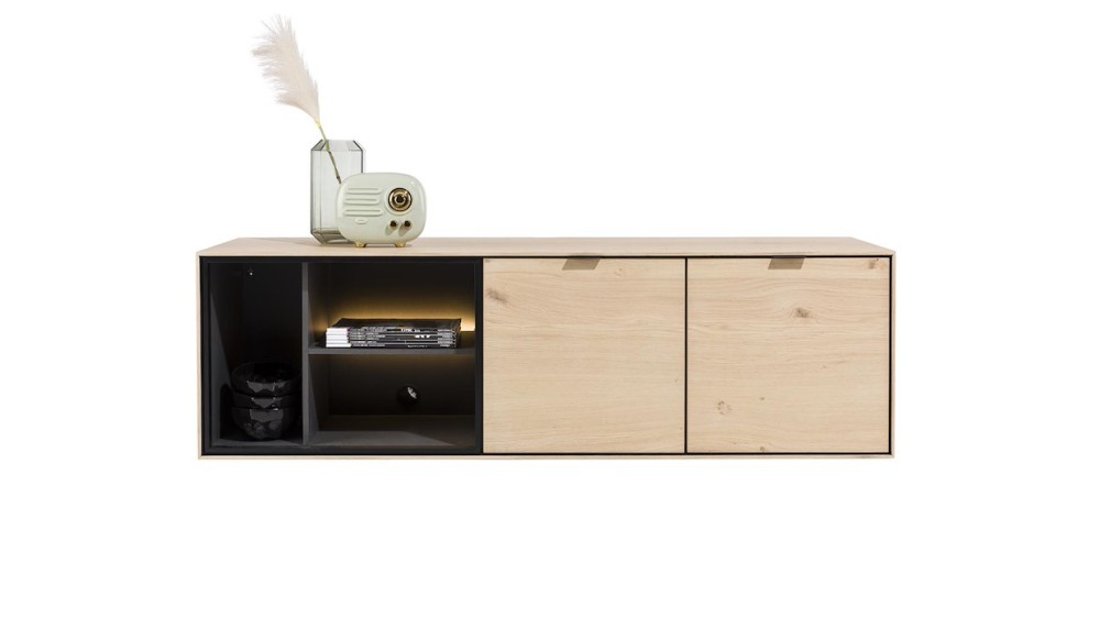 Elements, Lowboard 150 Cm. - Hang + 2-Deuren + 3-Niches + Led - Natural